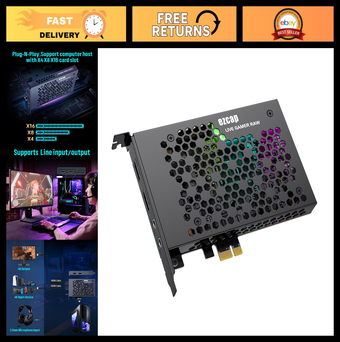 4K Game Capture Card HDMI PCI-E, 30fps Live Stream & Record, Zero Delay Loop-Out