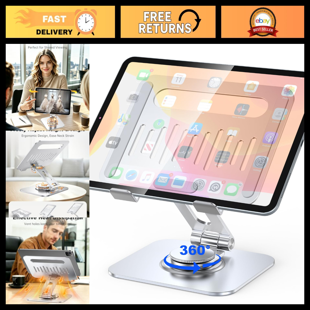 360° Rotating Aluminum Tablet Stand Holder for 4-13" iPads & Tablets - Adjustabl