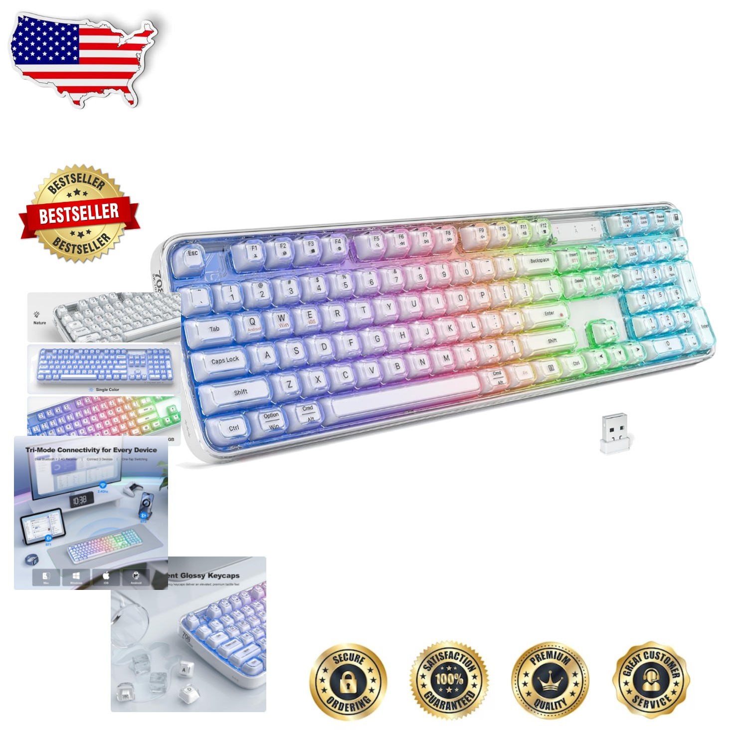 Cute Transparent Keyboard White Crystal - Rechargeable, RGB, Bluetooth, Portable