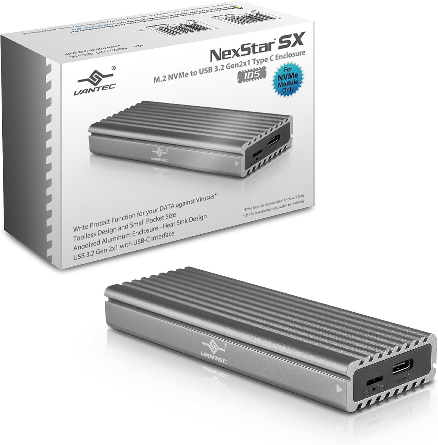 M.2 NVME SSD to USB 3.1 GEN 2 Type C Enclosure W/USB Type-C Cable - Space GRA