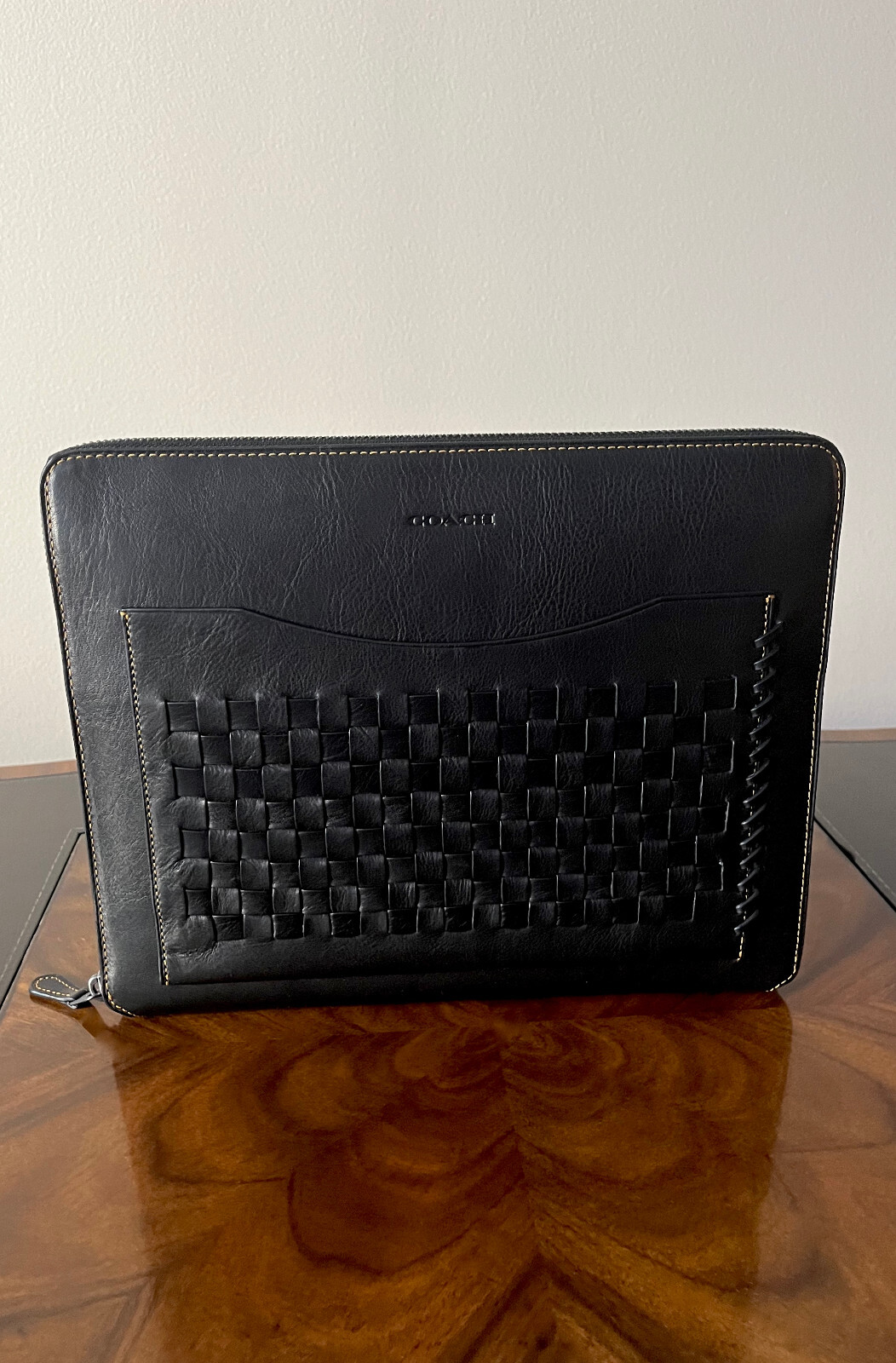 RARE Coach 2017 Rip & Repair Black Sport Calf Leather Zip Around Tech Case $350