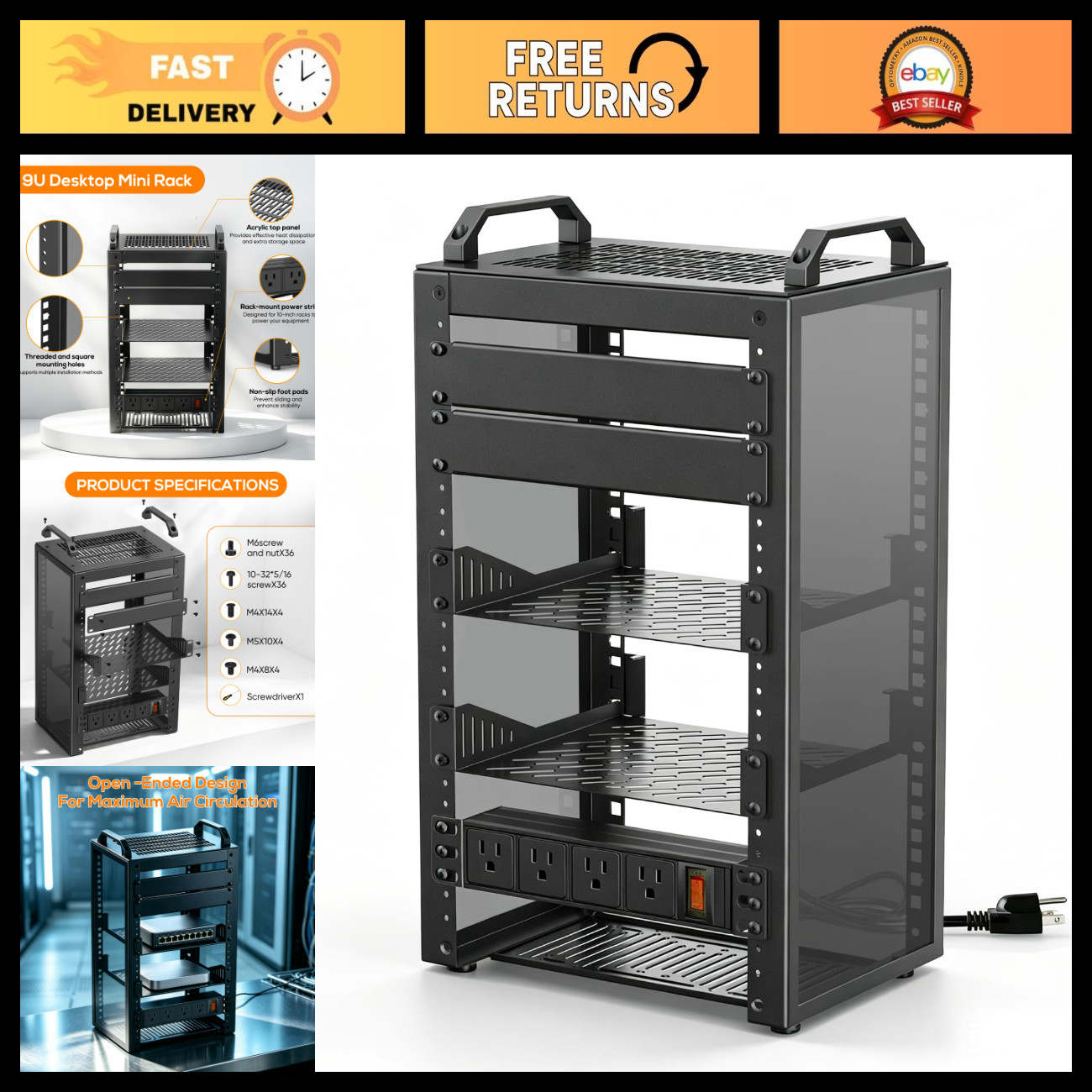 10-Inch Mini Server Rack 9U Network Rack with PDU Power Supply - Compact Storage