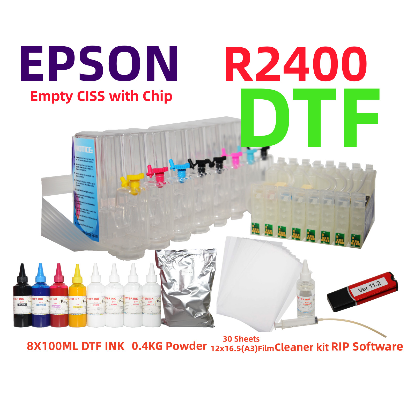 DTF Printing Kit for Stylus R2400: CISS, Ink, Film, Powder, RIP