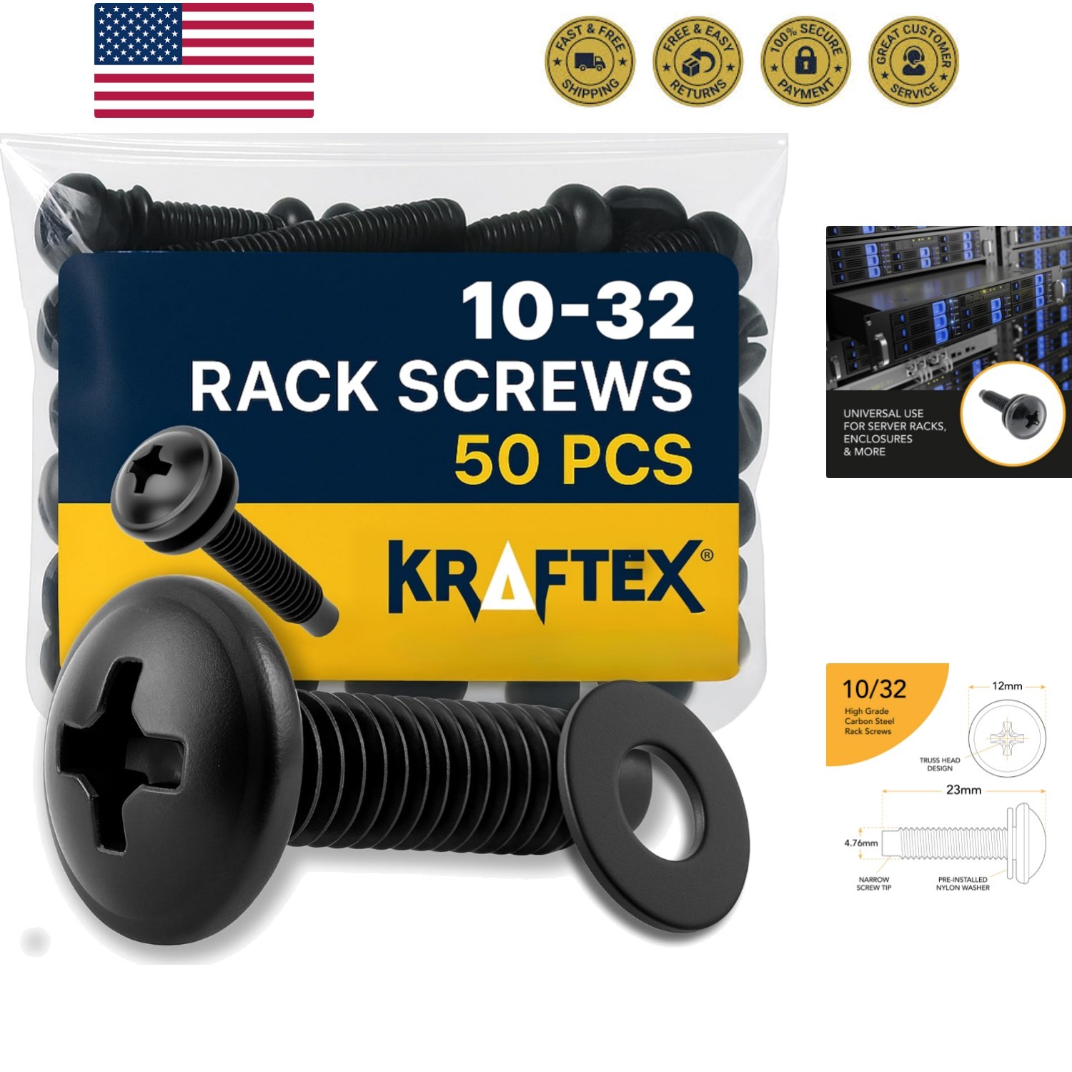 10-32 Rack Screws 50-Pack - Versatile Server Rack Accessories for Network Cab...
