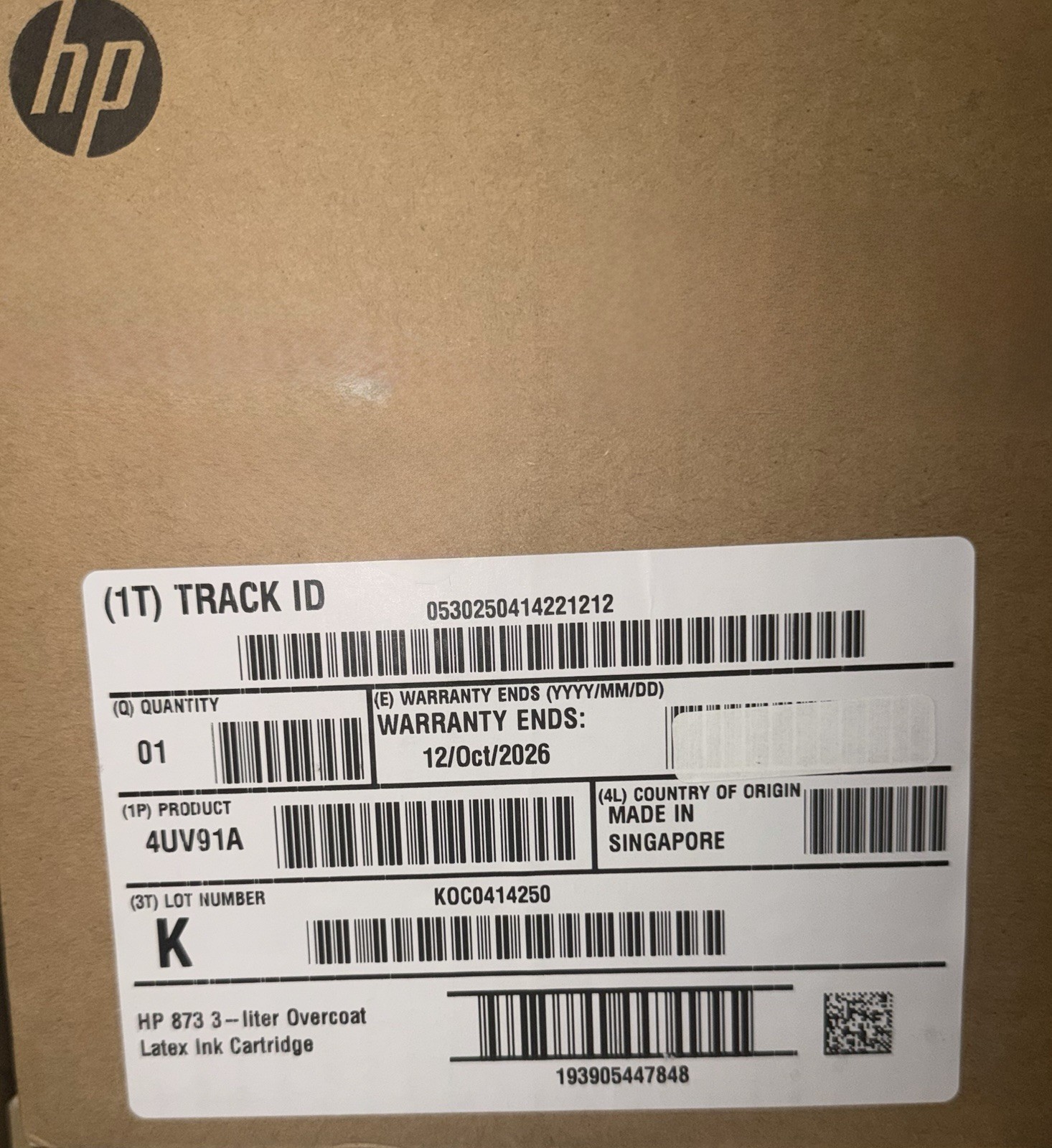HP 873 3-Liter Overcoat Latex Ink Cartridge 4UV91A - Warranty 12/Oct/2026