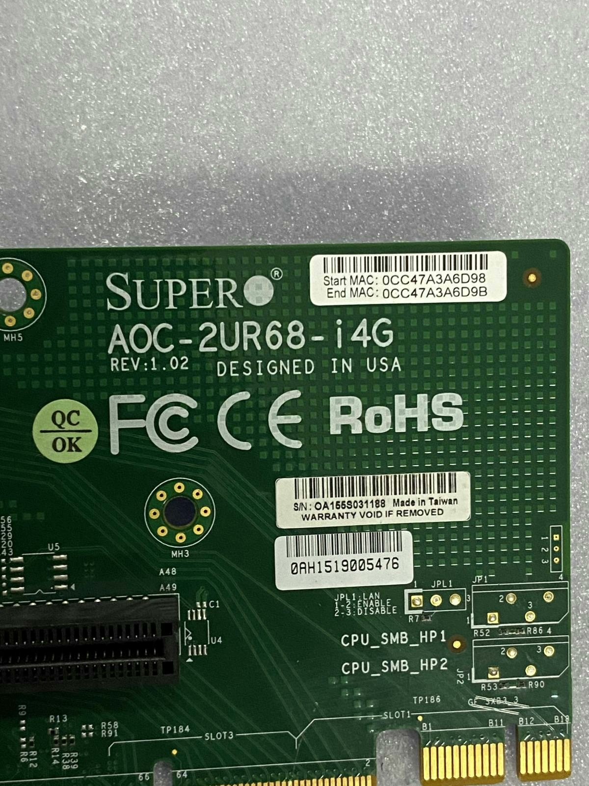 Supermicro AOC-2UR68-i4G 2U Riser Card Intel I350 4*RJ45 Gigabit PCIe Expansion