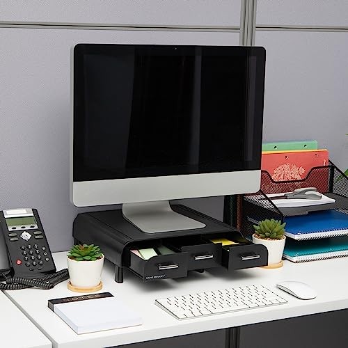 MIND READER MONITOR STAND, 3 STORAGE DRAWERS, DESKTOP ORGANIZER, 13.5"L -  BLACK
