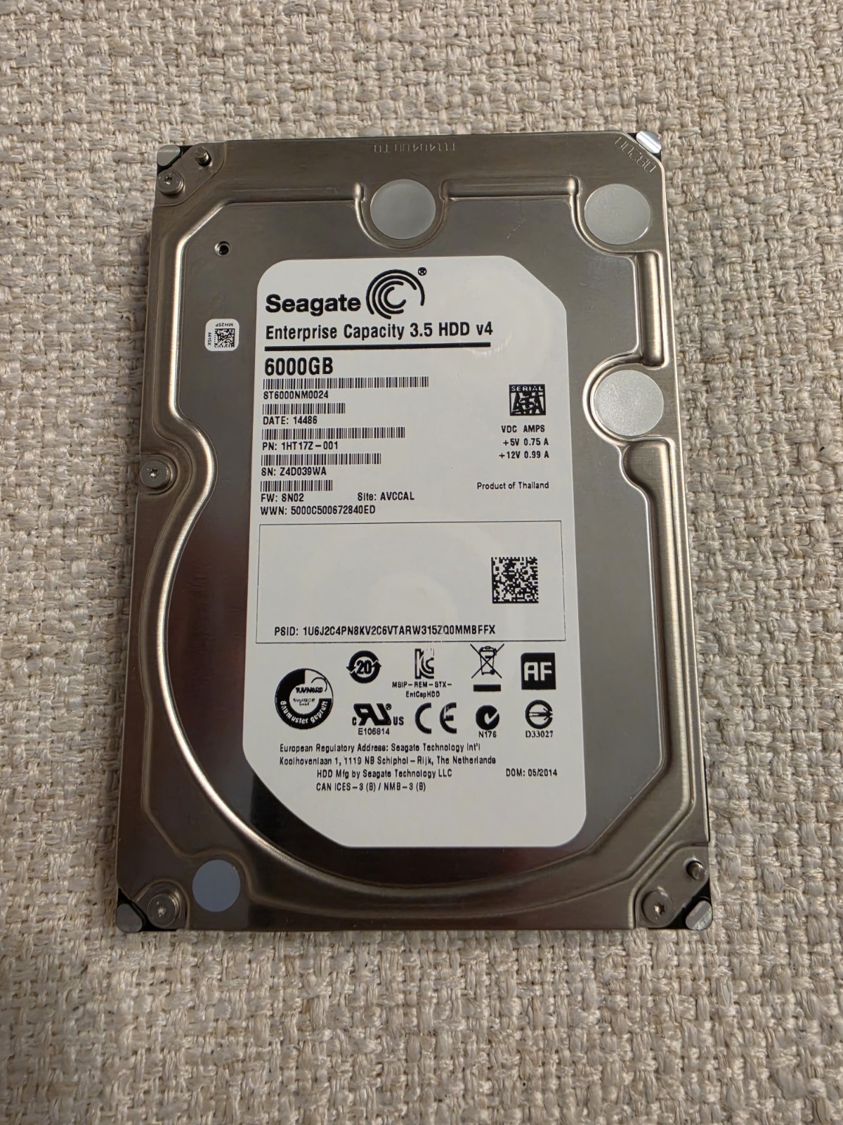 Seagate ST6000NM0024 6TB 3.5" 128MB 7.2K RPM SATA Hard Drive P/N: 1HT17Z-001