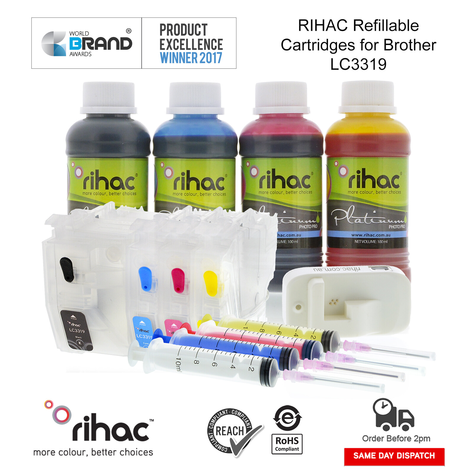 Rihac LC-3317XL LC-3319XL Refillable Ink Cartridge Kit for Brother MFC-J5330DW 