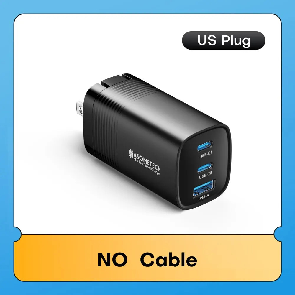 ASOMETECH 65W GaN USB-C Charger 3-Port PD PPS QC Fast Wall Adapter for Laptop