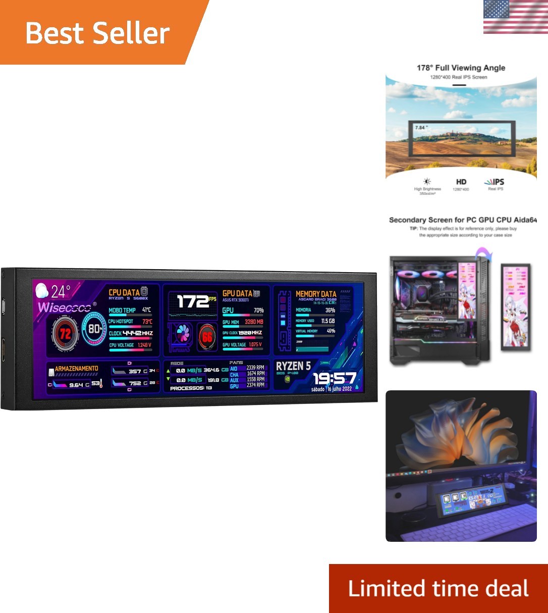 7.84 Inch Mini Monitor HD IPS 1280x400 Secondary Screen Stretched Bar LCD Dis...