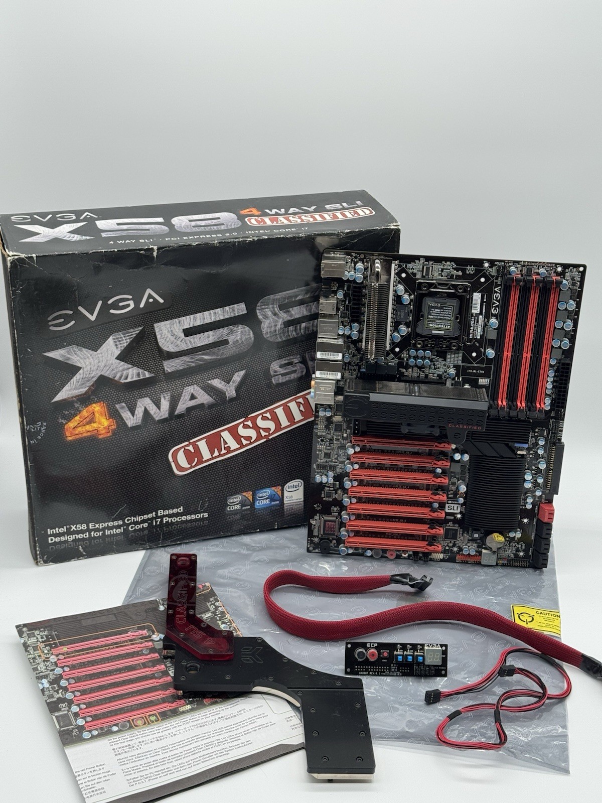 EVGA X58 Classified 4-Way SLI + EK Waterblocks, Box, IO EVGA 170-BL-E762-A1