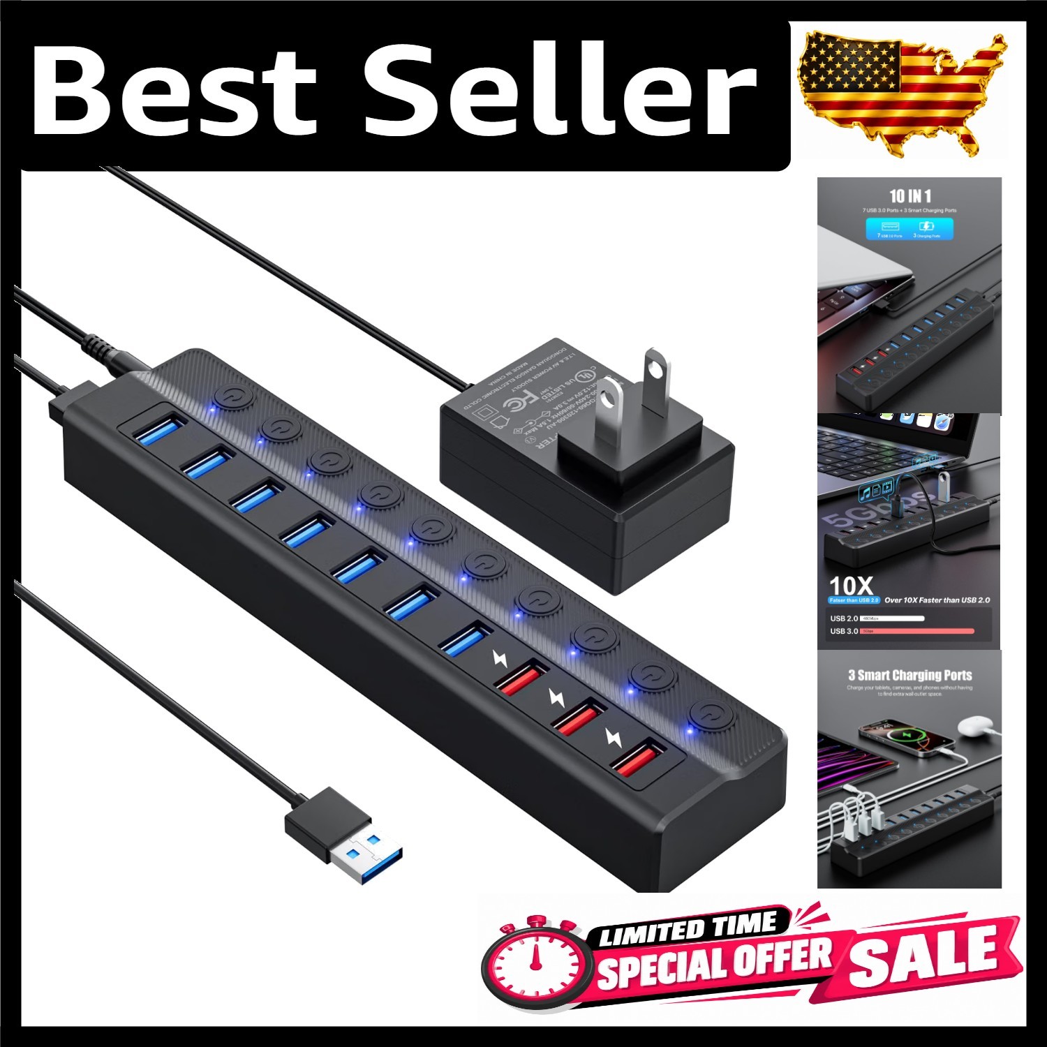 Multi-Functional 10-Port Powered USB Hub with Rapid Charging and Easy Control