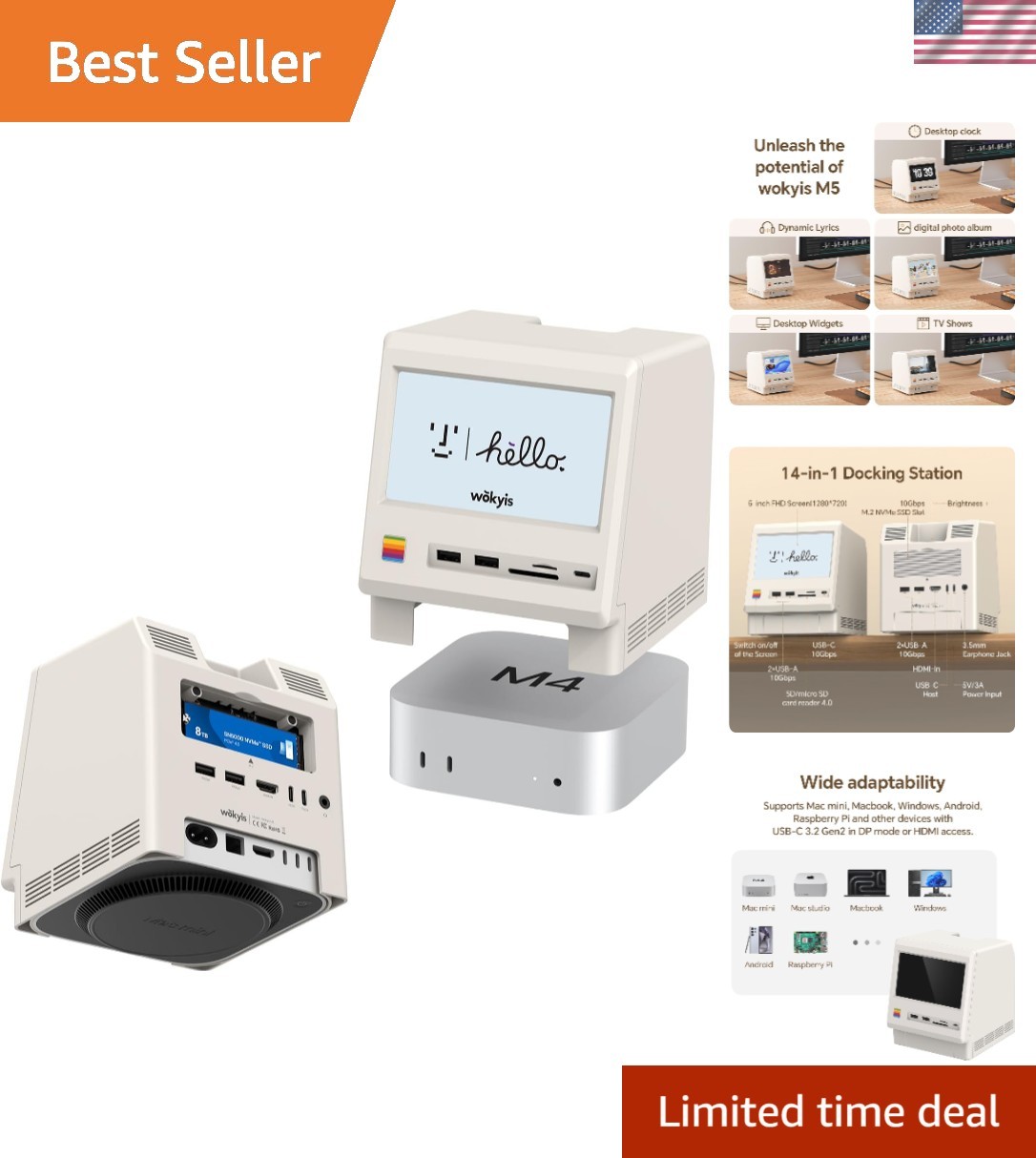 Transform Your Workspace: M5 Retro Dock for Mac mini with 14 Ports & 5" Display