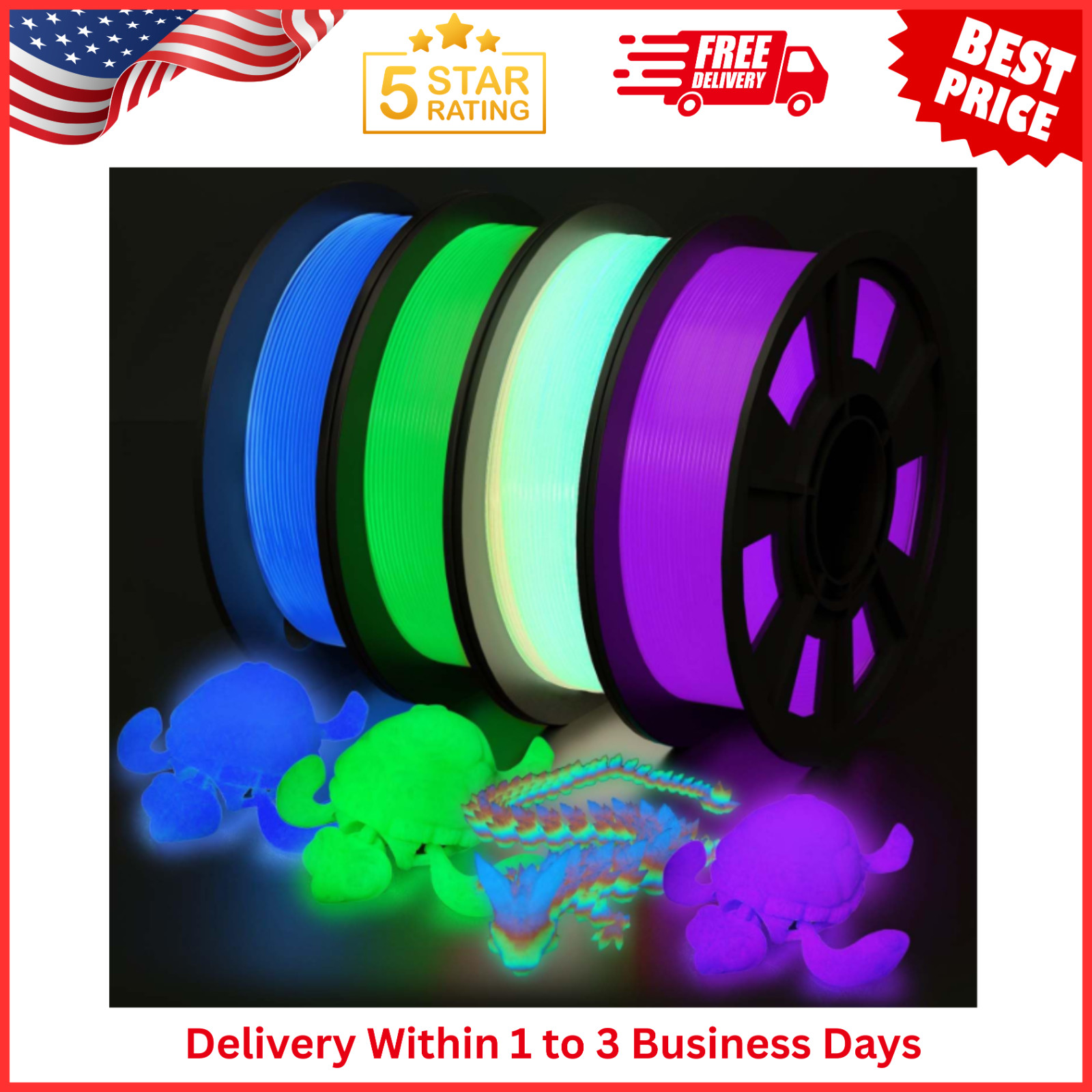 3D Printer Filament Bundle Glow in Dark Multicolor PLA 1.75mm 4 Pack