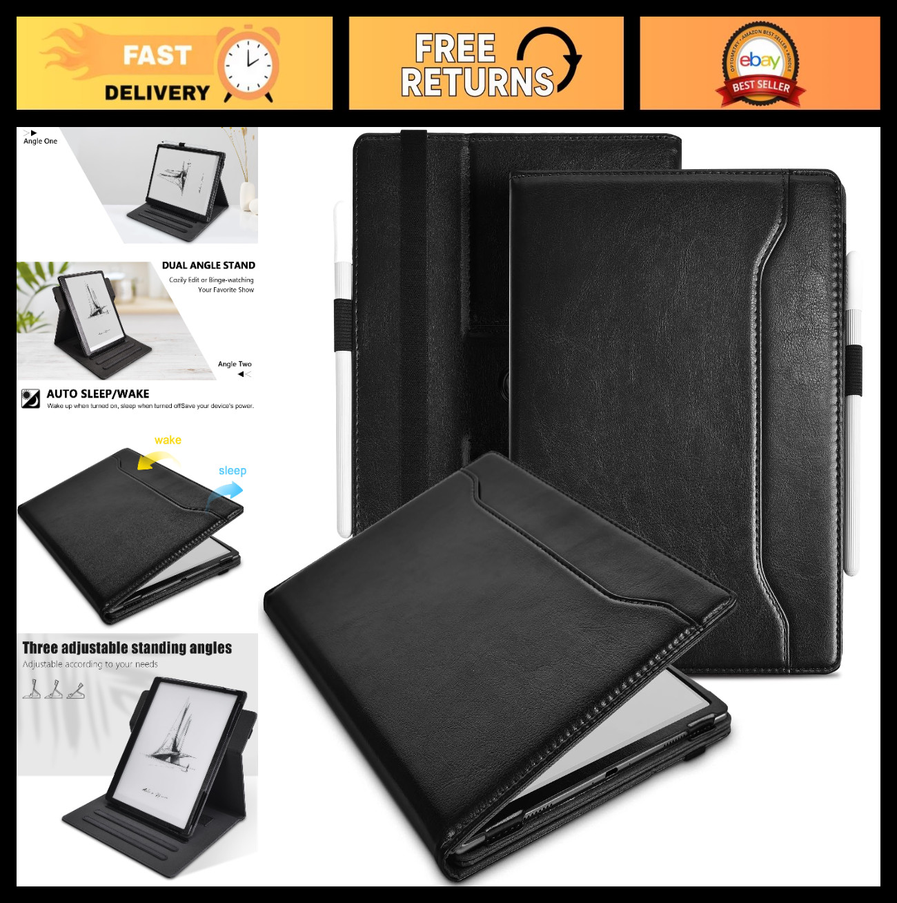 10.3" ePaper Case with 360° Rotating Stand, Pen Holder & Auto Sleep/Wake - Black