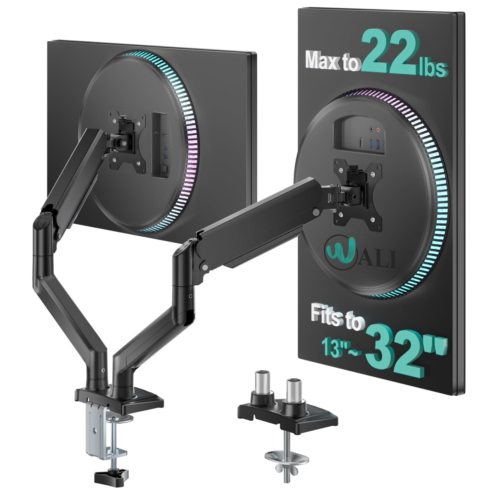 Adjustable Dual Monitor Arm for 13-32" Screens, Holds 22 lbs Each, Ergonomic Des