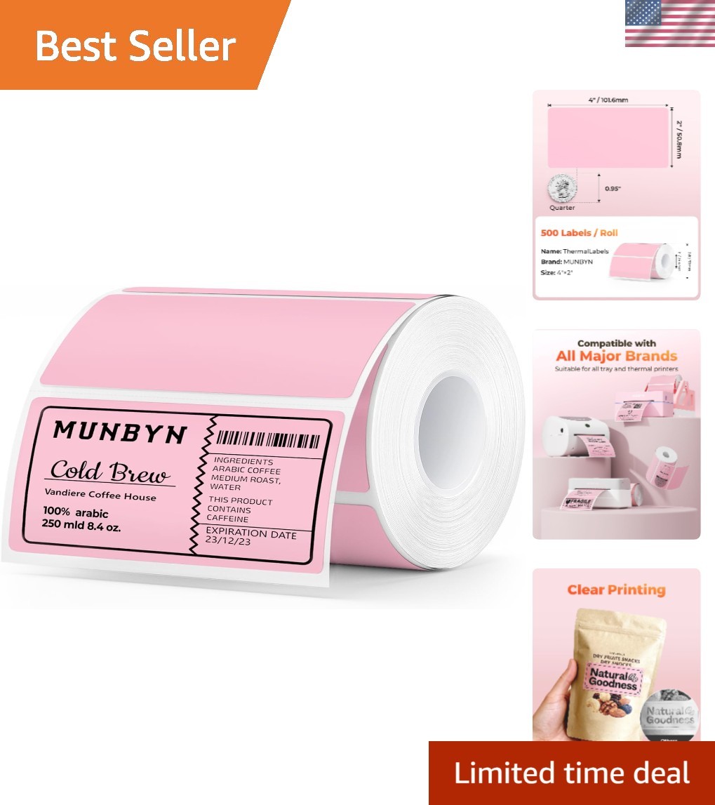 Efficient 4" x 2" Pink Thermal Labels: 500 Per Roll, Easy to Tear for Quick Use