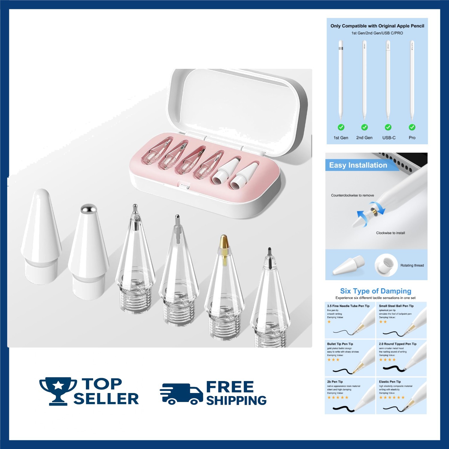 Replacement Tips for Apple Pencil Pro/1/2 USB-C 6PCS Sturdy Nibs with Pink Case