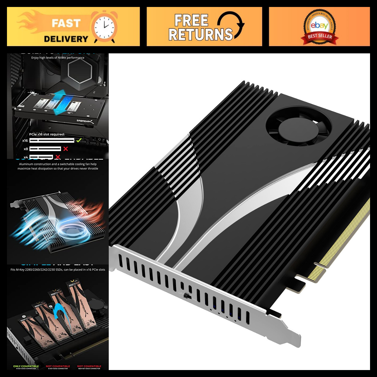 4-Drive M.2 NVMe PCIe 4.0 x16 Adapter Card with Fan for SSD Expansion