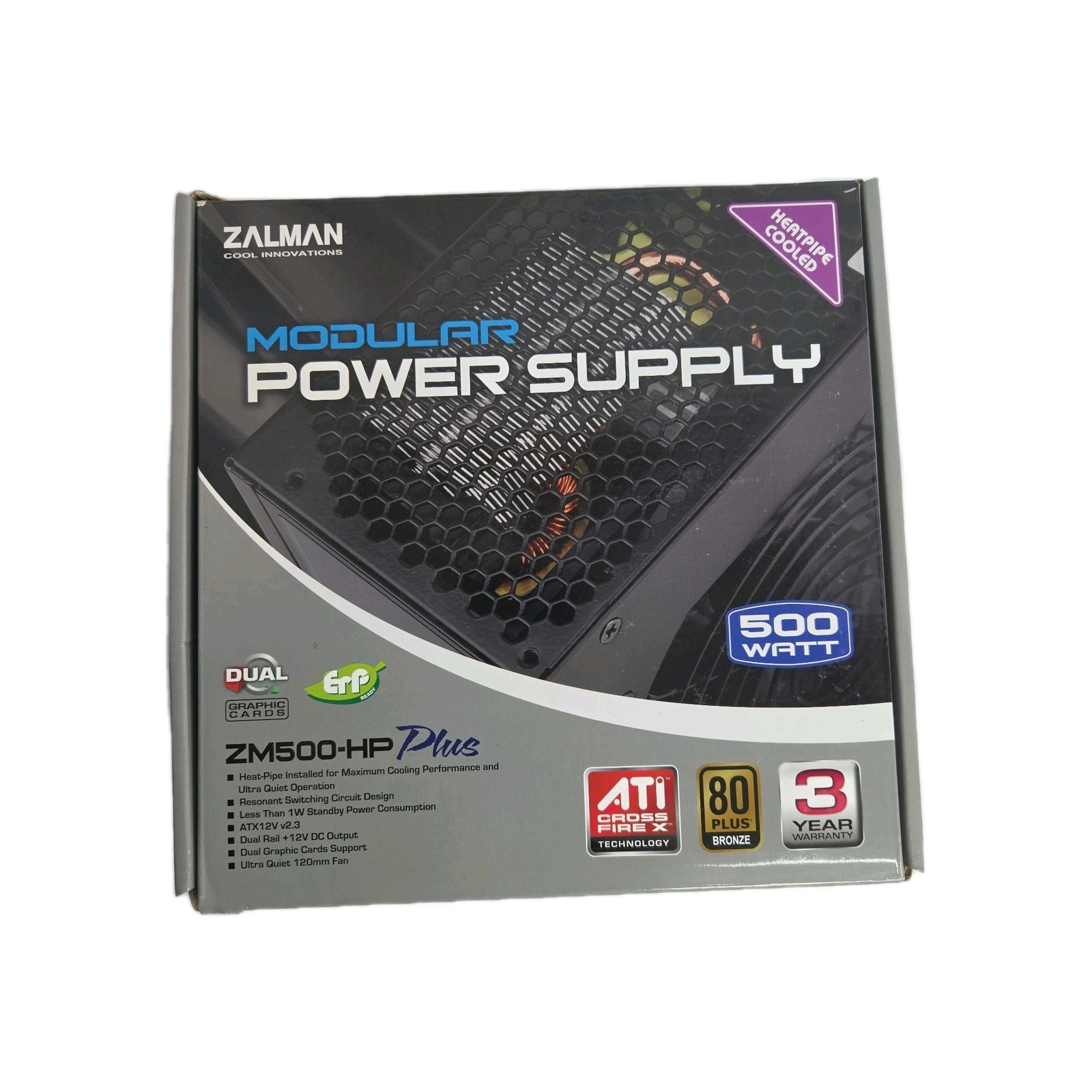 ZALMAN ZM500-HP Plus 500 WATT POWER SUPPLY With Original Box Barely Used