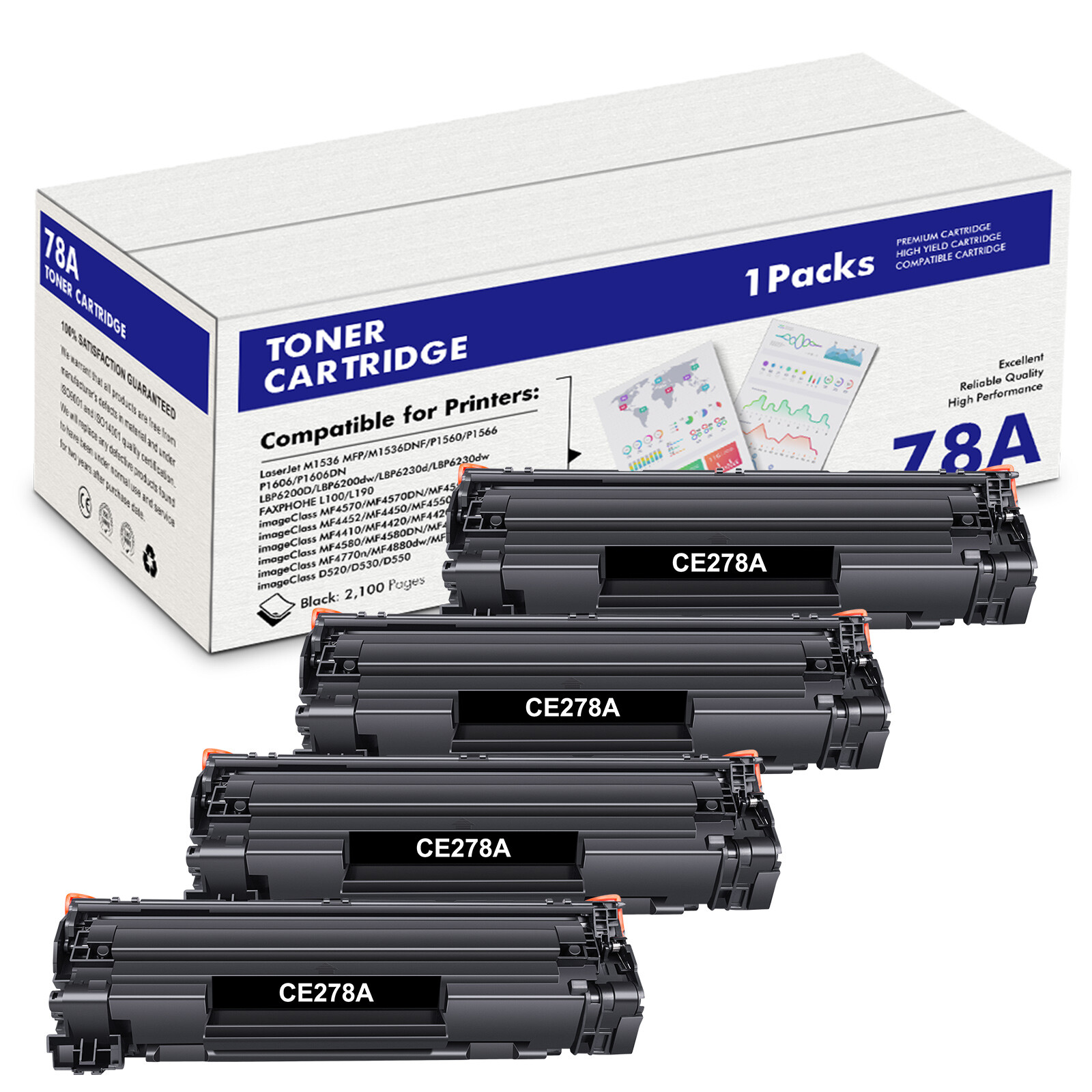 4 Pack CE278A Toner Fits For HP 78A LaserJet Pro P1566 1606DN M1536DNF MF4550D