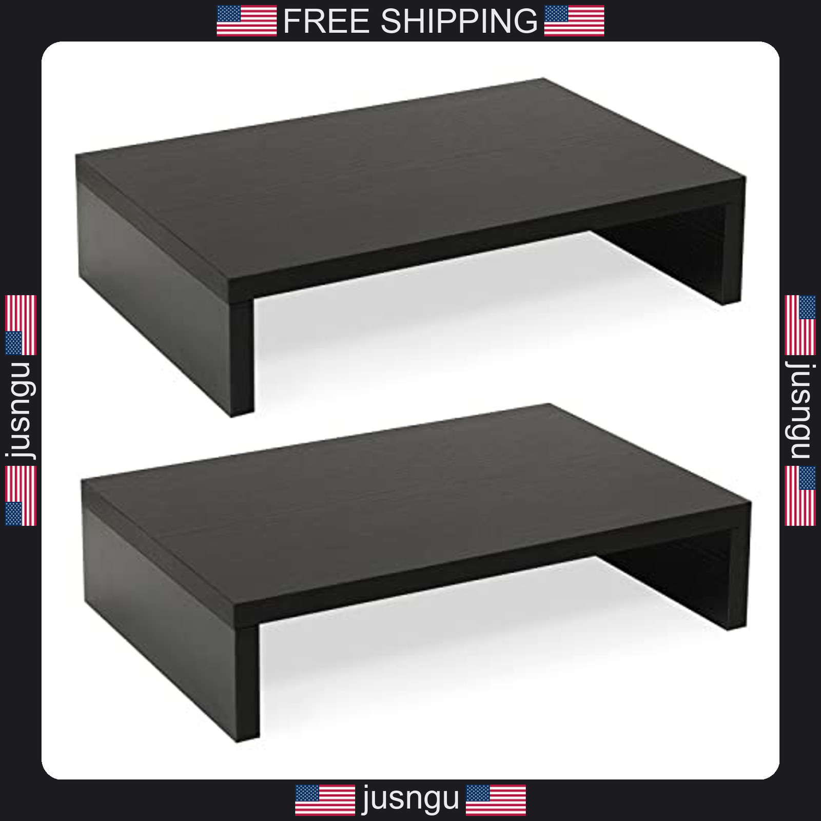 Wood Monitor Stand Riser 2-Pack Adjustable Desk Organizer Black