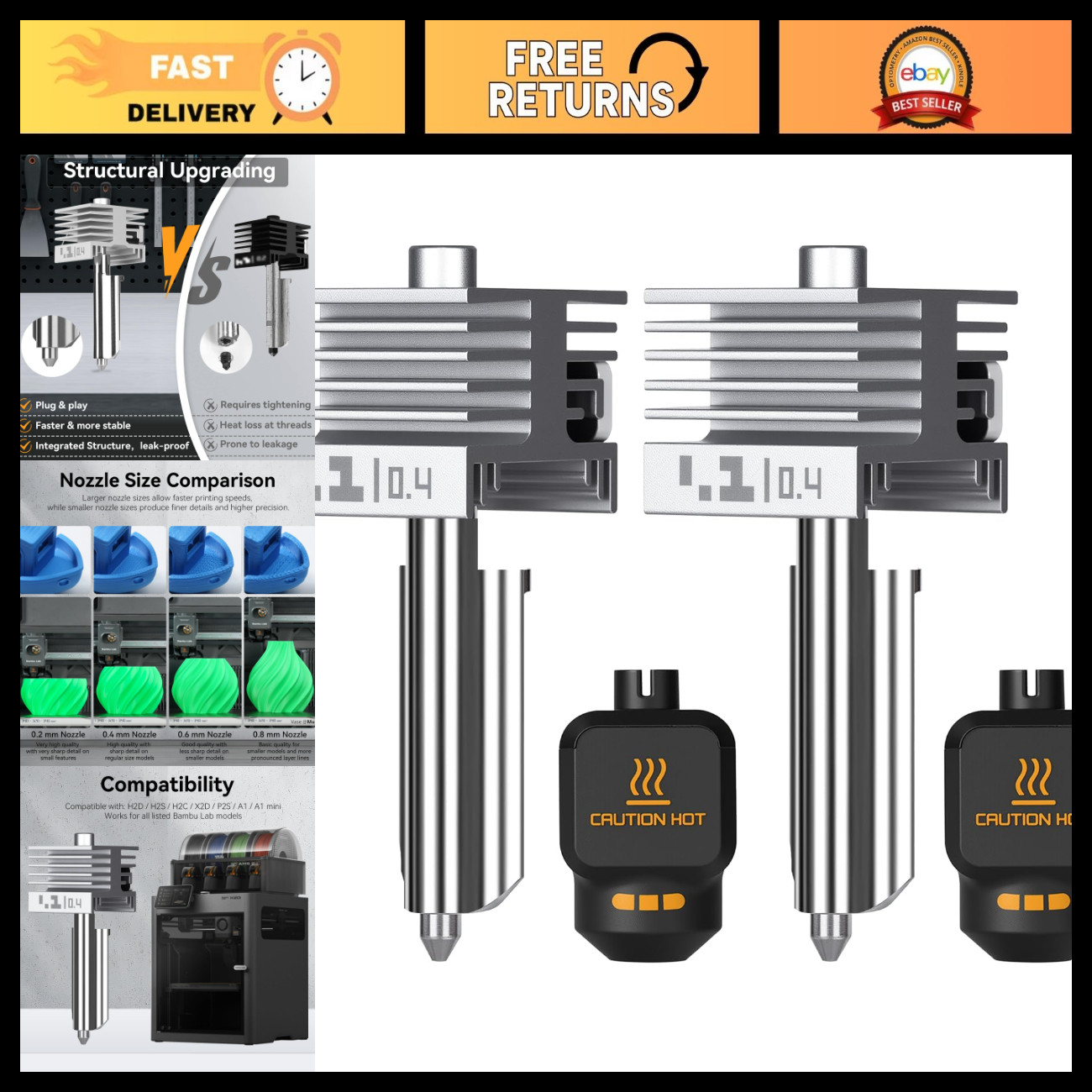2PCS 0.4mm Mini Integrated Leak-Proof Hotend for 3D Printers - X2D/P2S/H2D/A1/A2