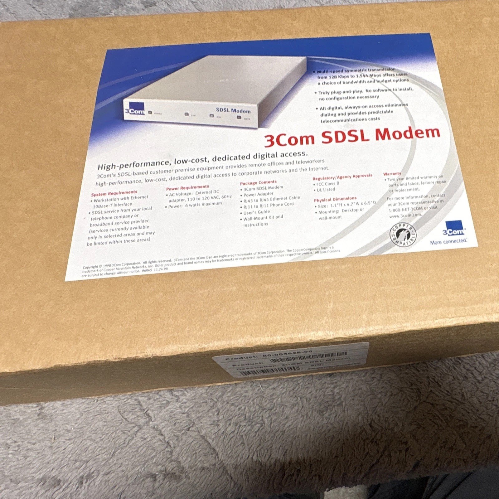 3Com SDSL Modem 80-003525-00 Silver RJ-45 Ethernet 2.3Mbps w/ Guide PSU