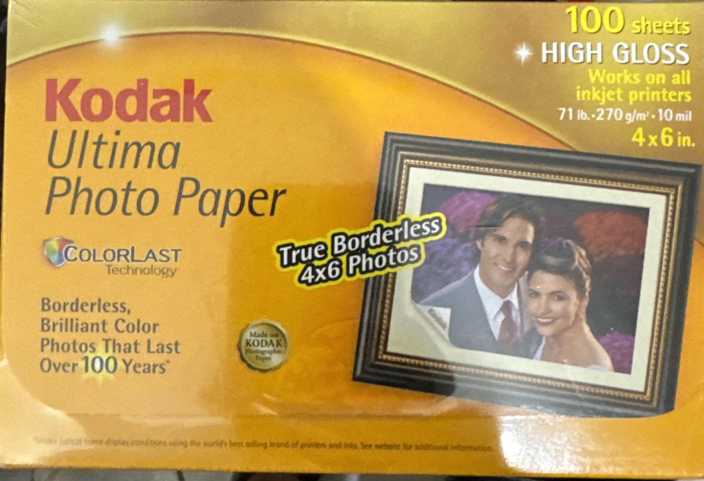 Kodak Ultima Photo Paper Package 100 Sheets  High Gloss 4x6" Colorlast .