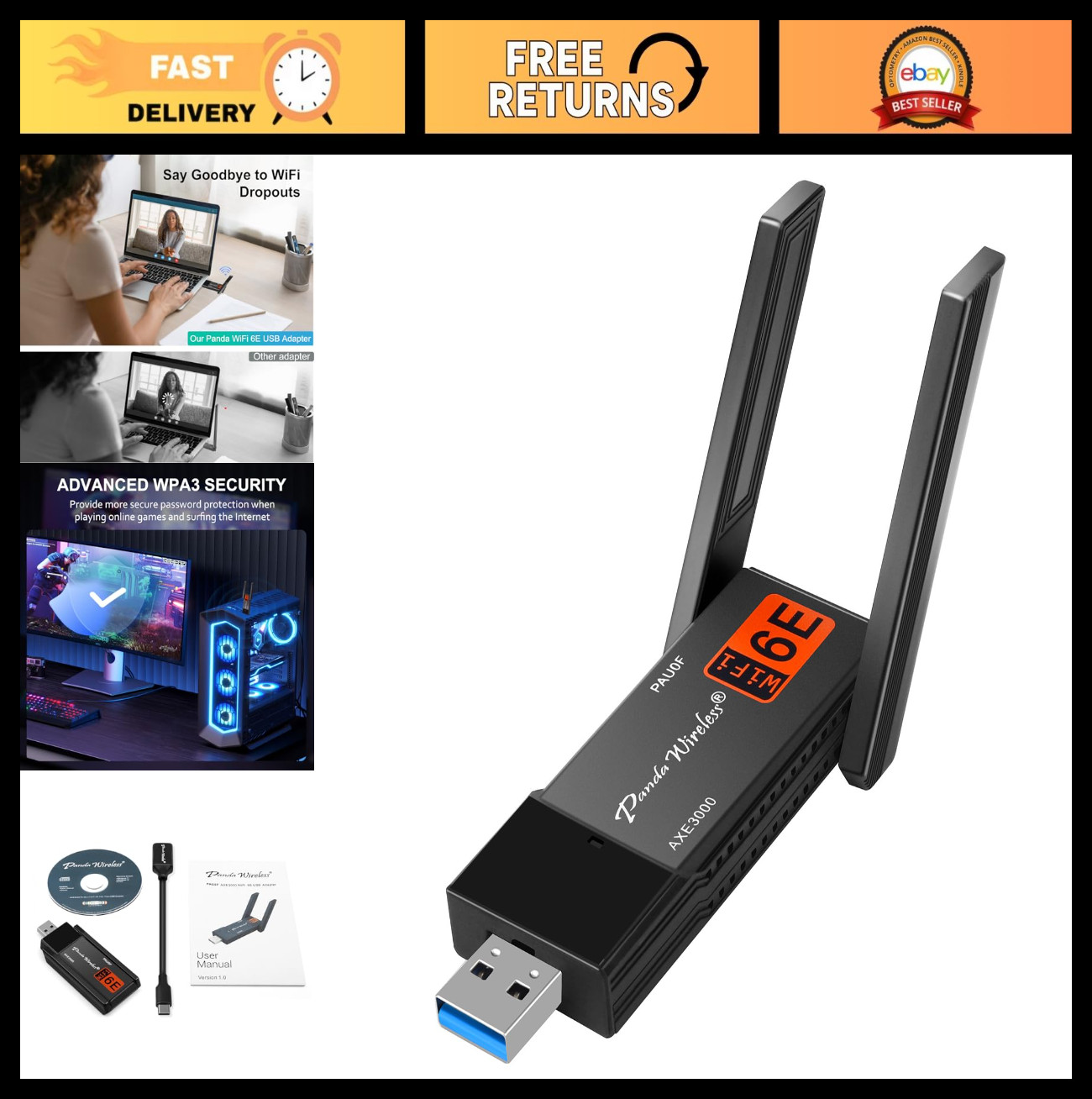 Tri-Band WiFi 6E USB 3.0 Adapter - AXE3000, 2.4/5/6 GHz, Windows/Linux Compatibl