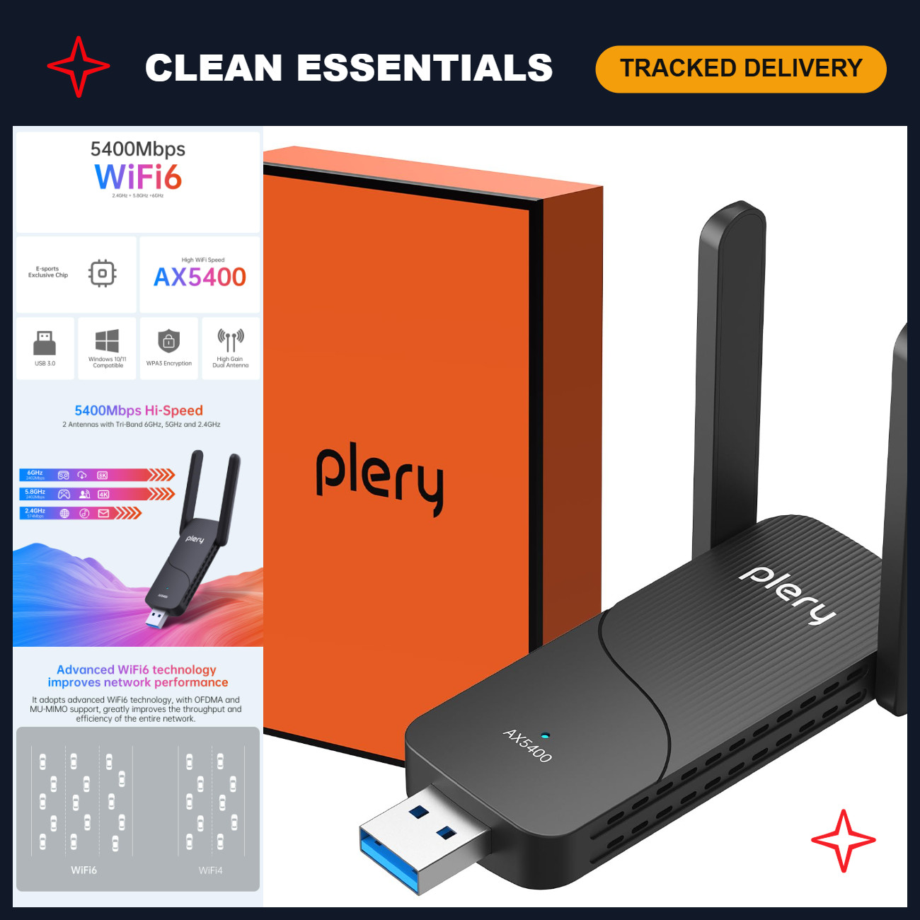 Tri-Band WiFi 6E USB Adapter - AX5400 Speed, 6GHz/5GHz/2.4GHz Connectivity