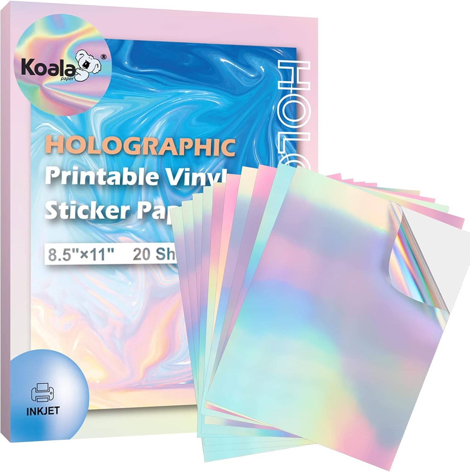 Koala Holographic Sticker Paper for Inkjet Printer - 20 Sheets 8.5X11 Inch, Rain
