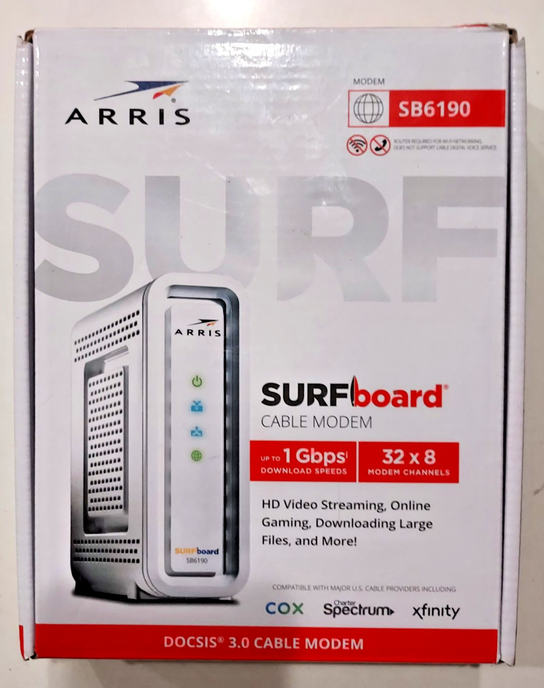 ARRIS SURFboard SB6190 DOCSIS 3.0 Cable Modem 32x8 1Gbps w/Box Adapter