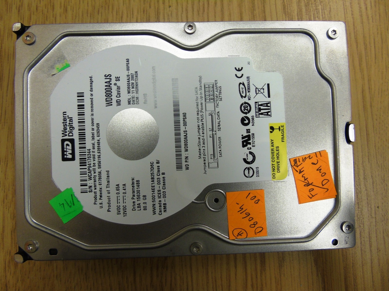 WDC WD800AAJS WD800AAJS-00PSA0  80GB 7200 RPM  SATA 3.5" Hard Drive HGRNHT2AGN