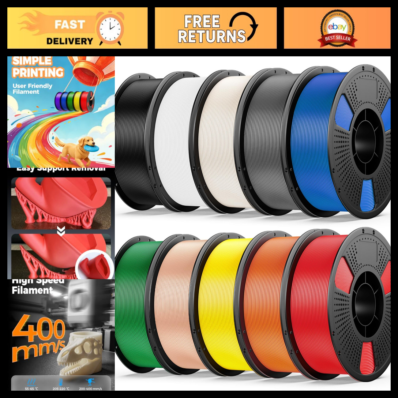 10kg Elite PLA+ 3D Printer Filament Bundle, 10 Color Pack, 1.75mm, 1kg Spools