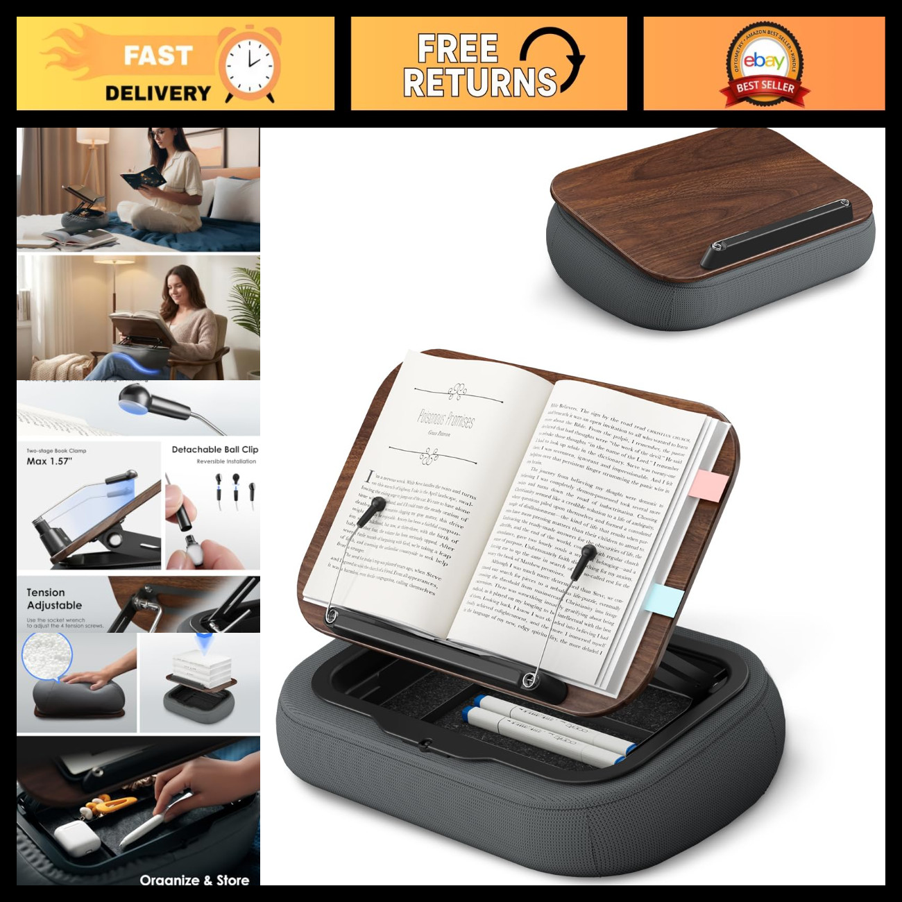 Adjustable Lap Book Pillow Stand with Storage, Multi-Angle Reading Cushion for B