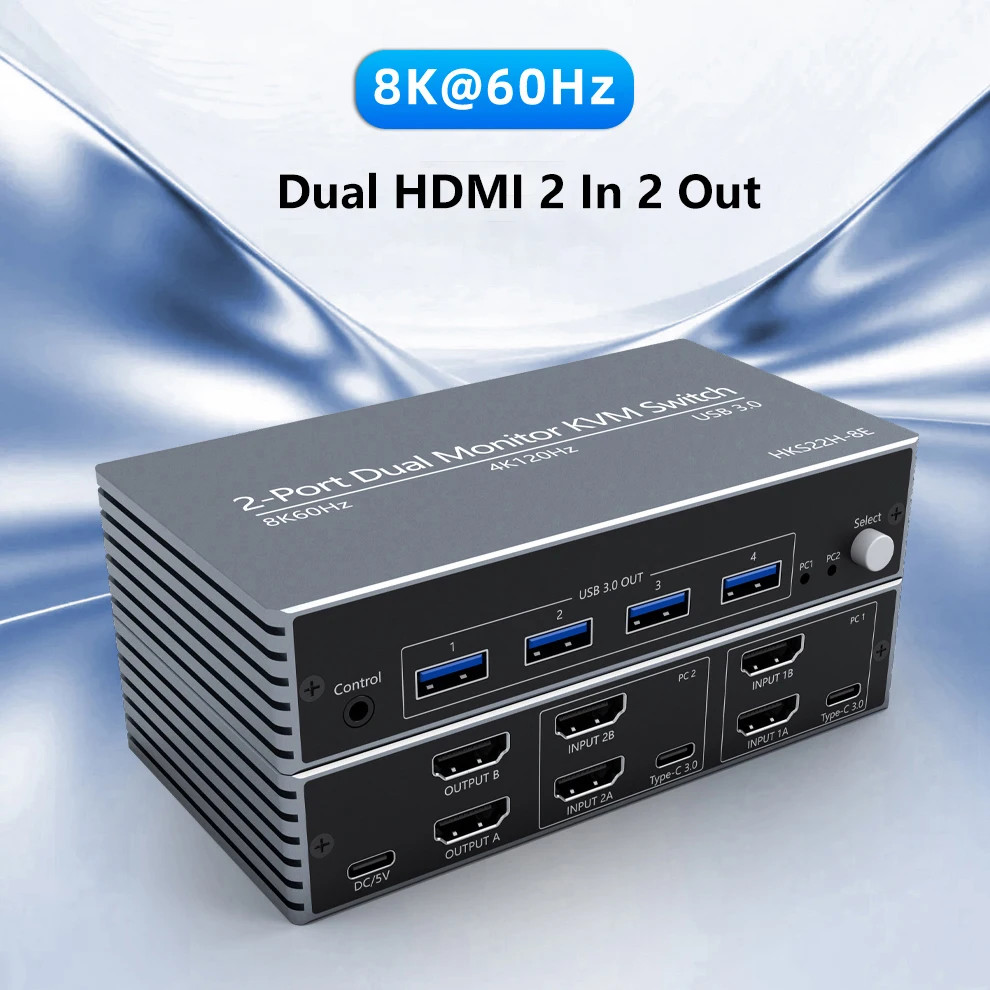 8K60Hz Dual Display HDMI DP Displayport KVM Switch for 2 PC 2 Monitors 4 USB 3.0