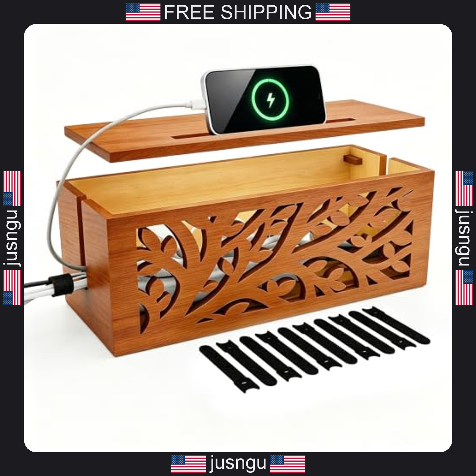 Wood Cable Management Box for Power Strips and Cords, Solid Pine