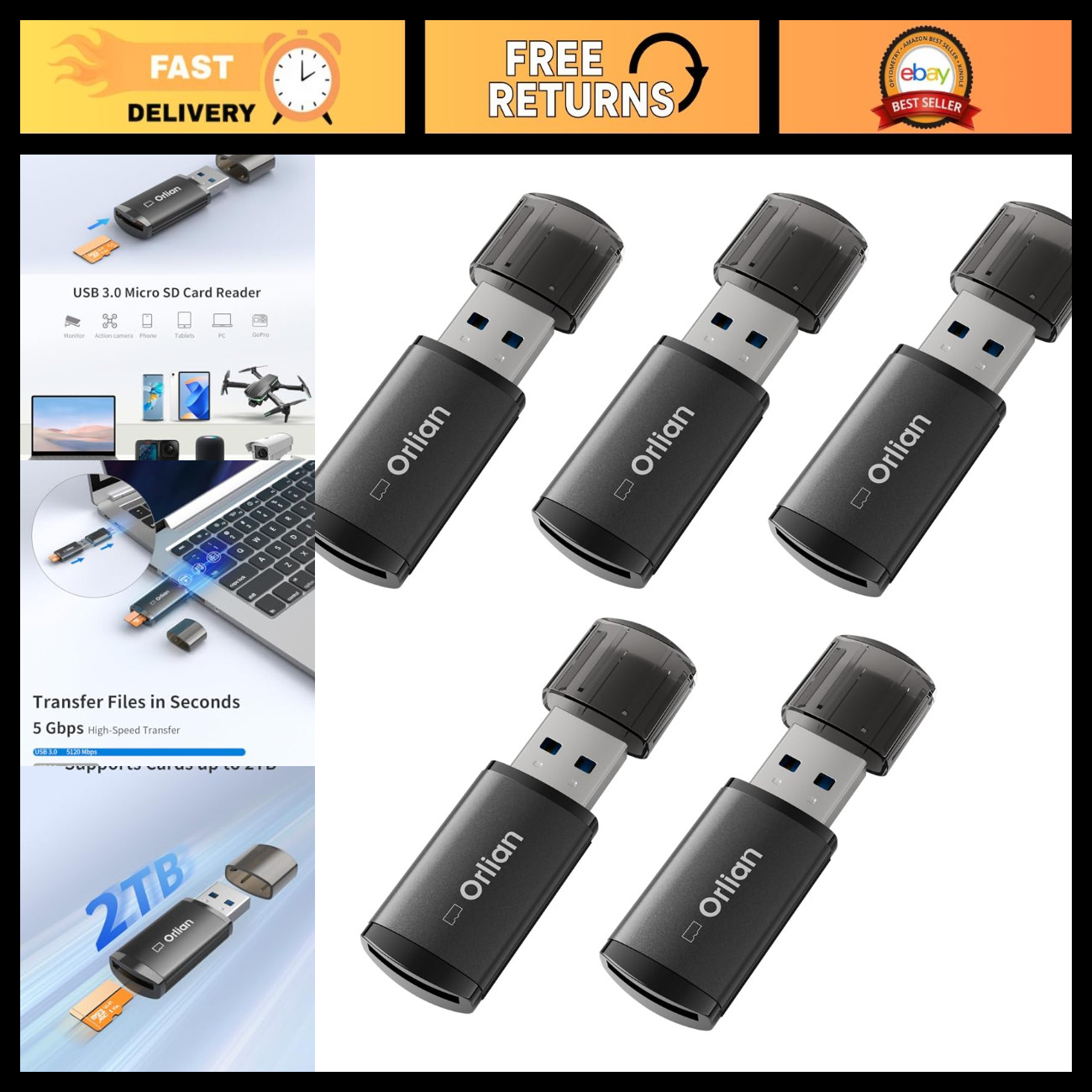 5 Pack USB 3.0 Micro SD Card Reader, 5Gbps Speed Adapter for Windows, Mac & Andr