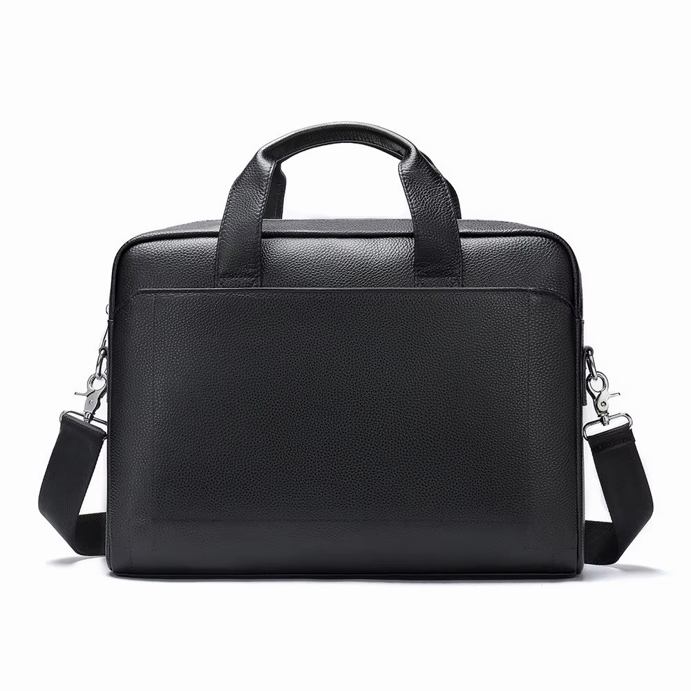Leather Laptop Briefcase, Black, Adjustable Shoulder Strap, Solid Pattern