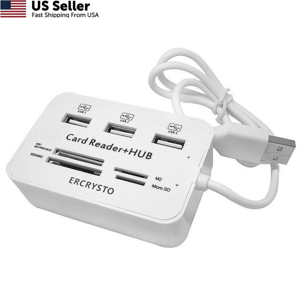 ERCRYSTO Card Reader and 3 Ports USB Hub, High 3-inch，2-inch, 1-inch, WHITE 