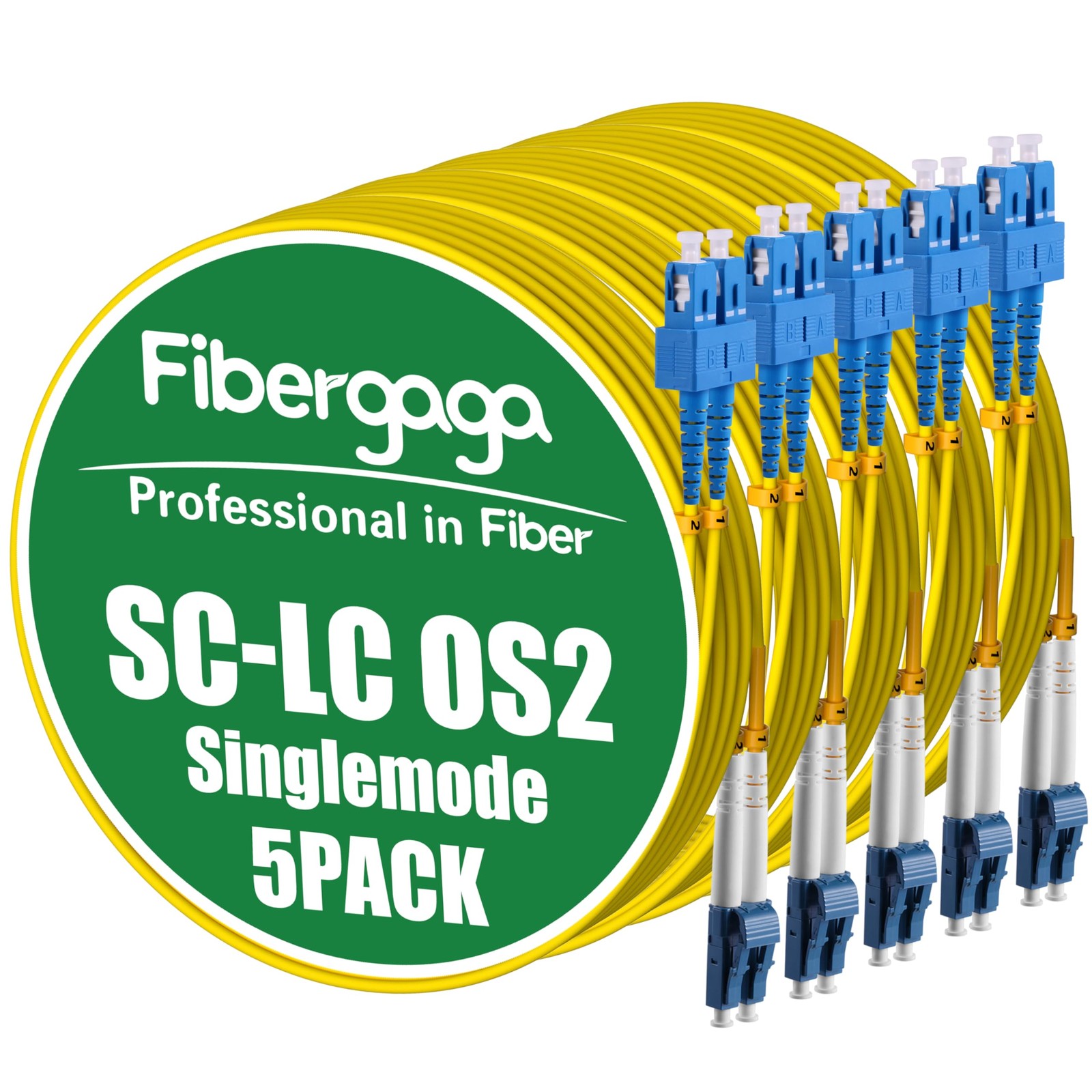 Fibergaga® OS2 LC to SC Fiber Patch Cable, Multimode, 15M(50ft), 5Pack | Mult...