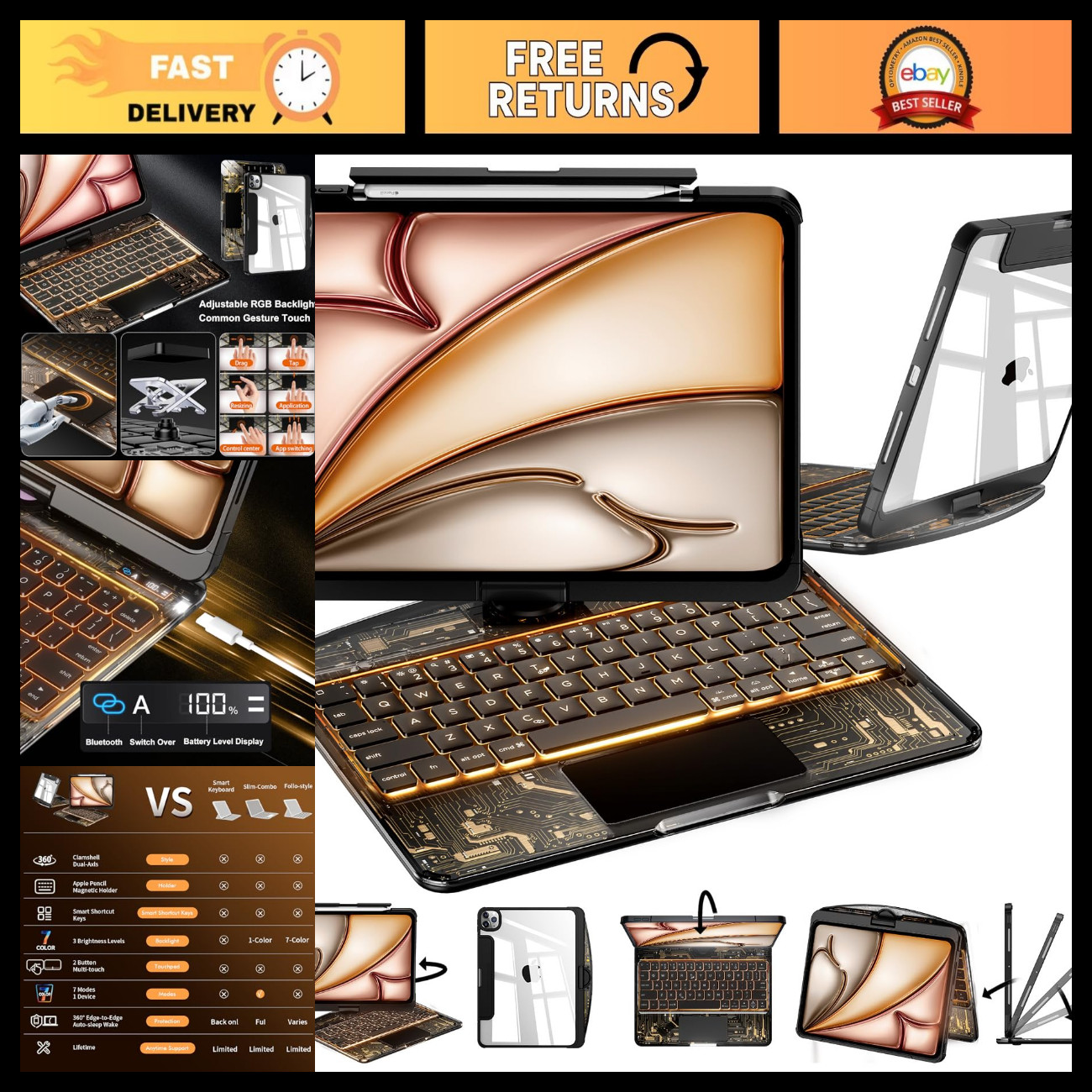 Transparent iPad Keyboard Case for Air 10.9" & Pro 11" - Slim, Lightweight, Dura