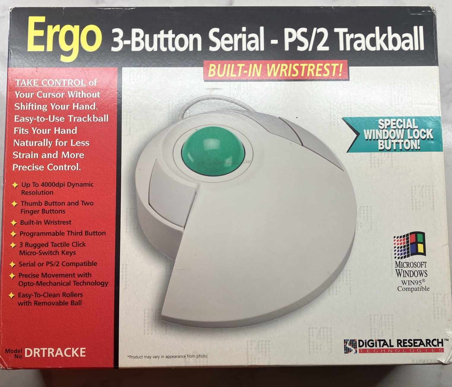 Vintage Digital Research Ergo 3-Button Serial PS/2 Trackball DRTRACKE w/Box