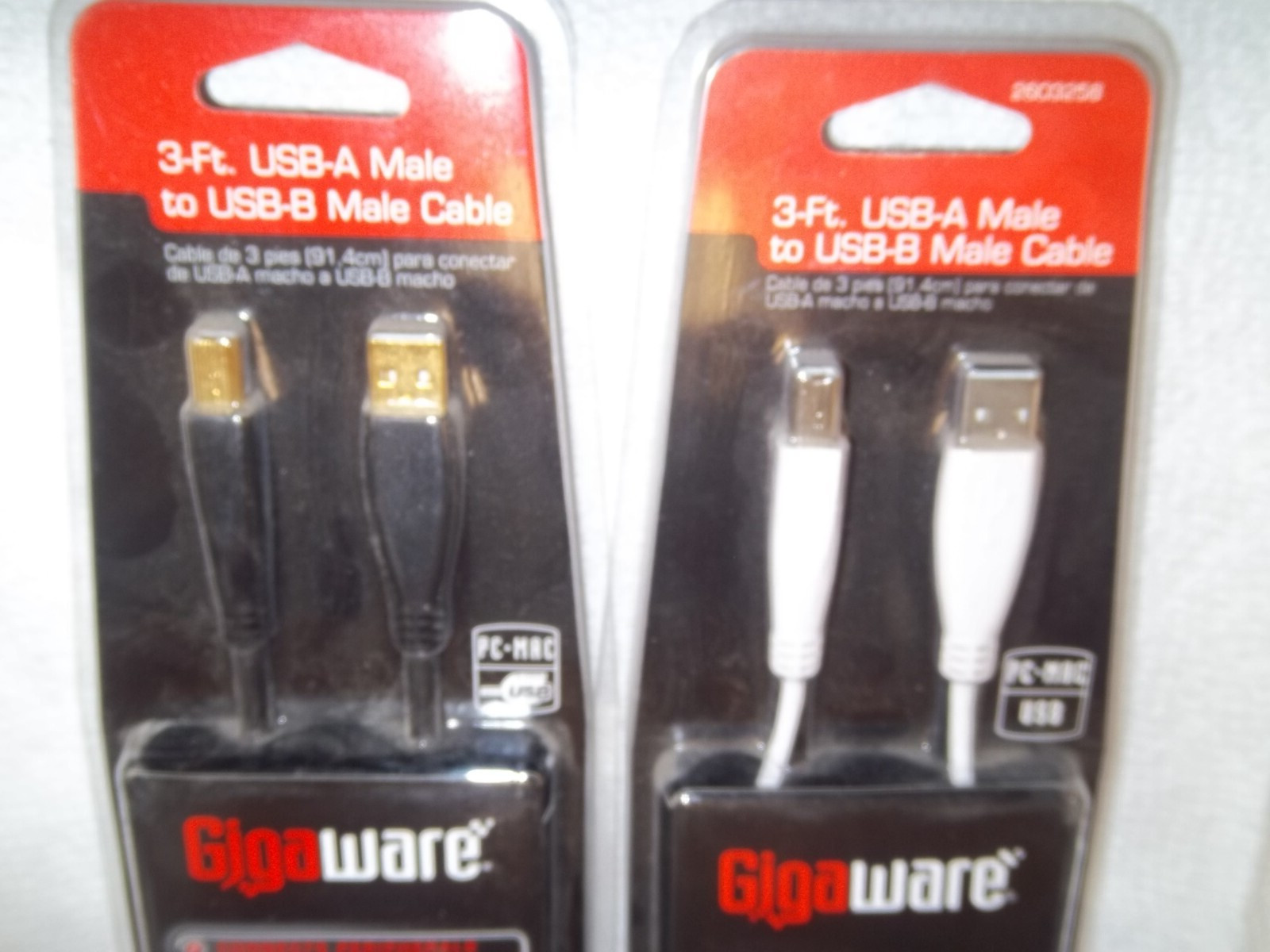 2 GIGAWARE 3' GOLD PLATED USB-A MALE TO USB-B MALE CABLES, PC-MAC 26-712/2603258