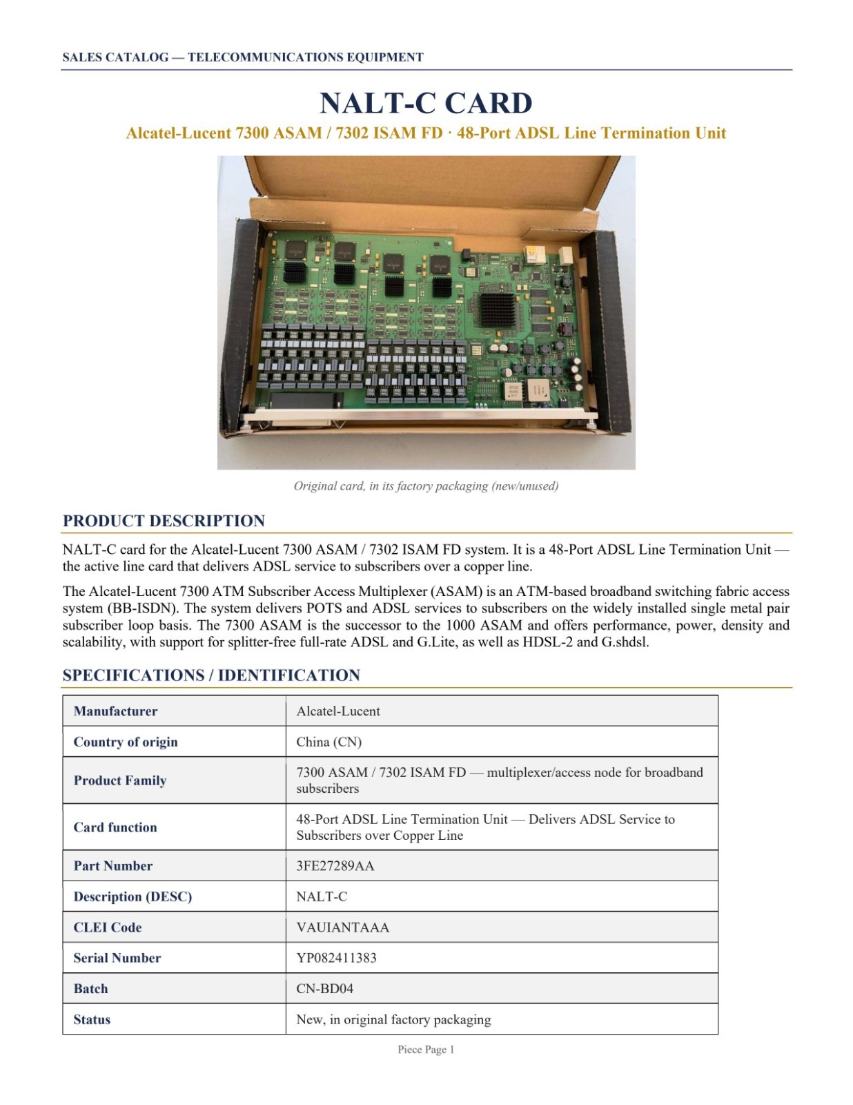 Alcatel-Lucent 7300 ASAM / 7302 ISAM FD · 48-Port ADSL Line Termination Unit