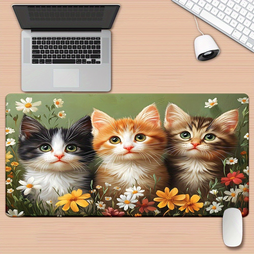 1pc XXL Non-Slip Rubber Base Gaming & Office Mouse Pad - Cute Kitty & Floral P