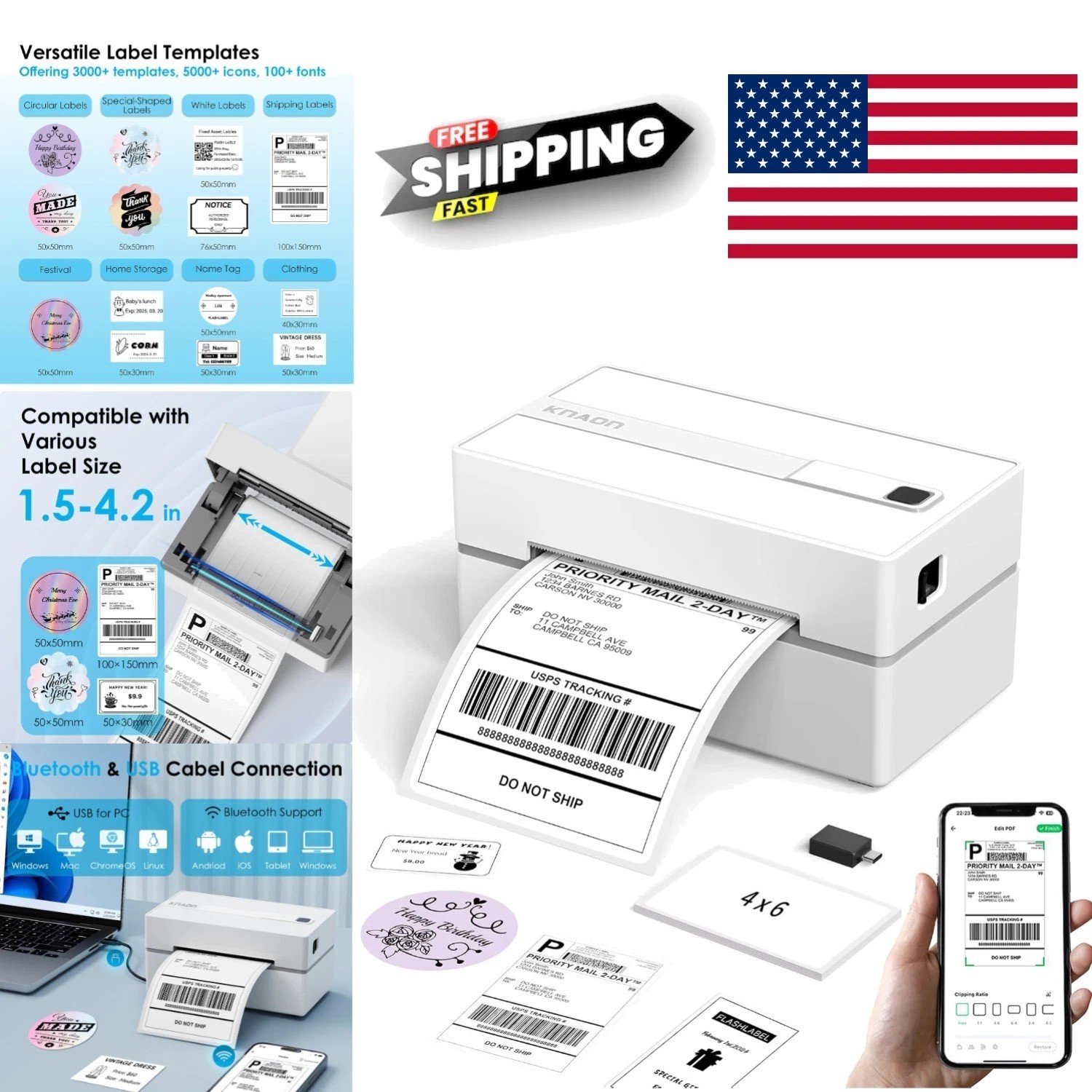 Versatile 4x6 Thermal Printer Bluetooth USB Compatible with Multiple Platforms