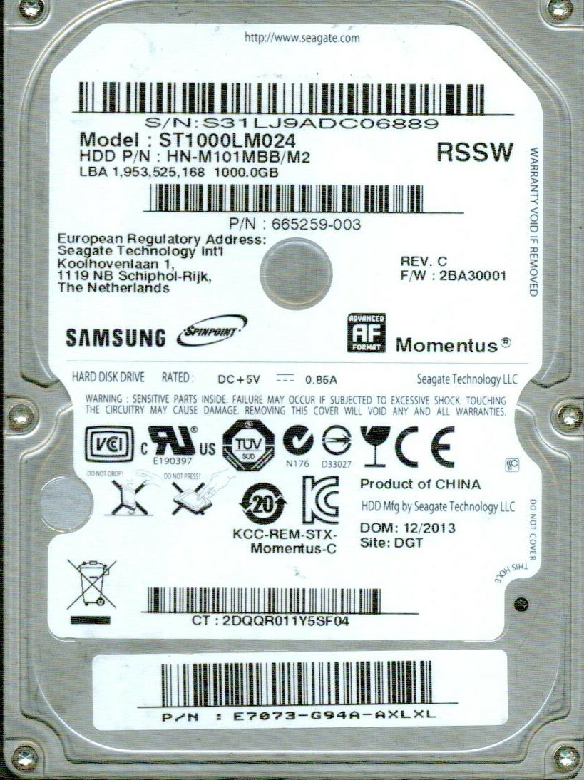 ST1000LM024, HN-M101MBB/M2,   2BA30001, SAMSUNG SATA 1TB